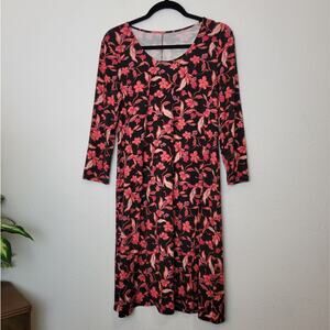 GARNET HILL Seamed Knit Trapeze Swing Dress Pink Espresso Floral Stretch Sz XS